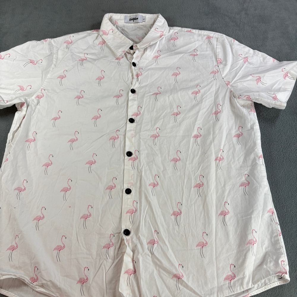 Vatpave Mens Flamingo Print Short Sleeve Button Down Shirt White Pink Large